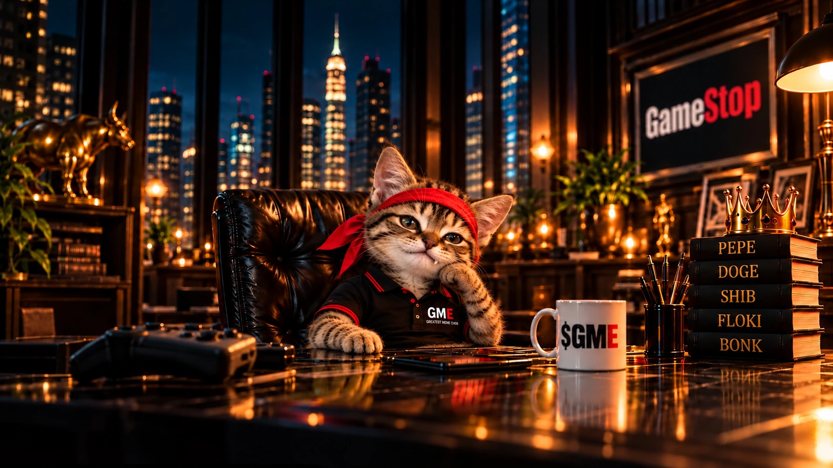 Roary, the GME kitten, at his trading desk
